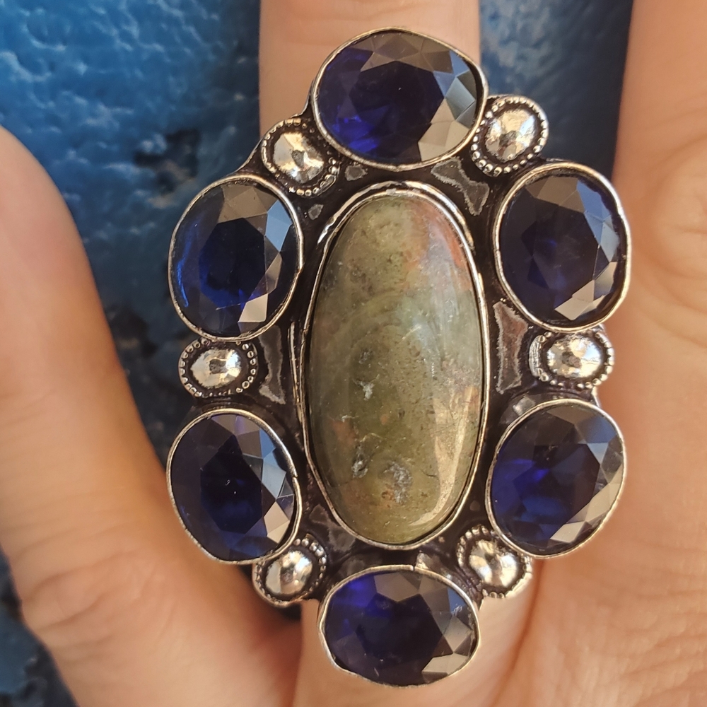 New Oversized Unakite & Blue Topaz 925 Silver Statement Ring.